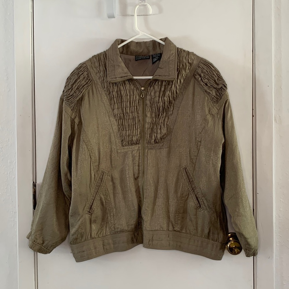Mureli olive green vintage silk track bomber jacket with gold metallic thread